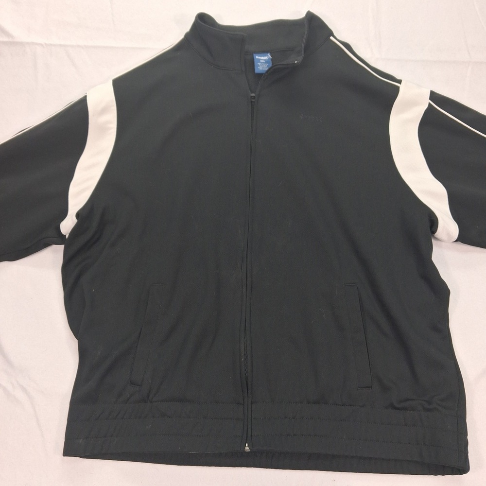 Reebok Track Jacket‎ Mens XXL Black White Contrast Panels Full Zip Sporty Good